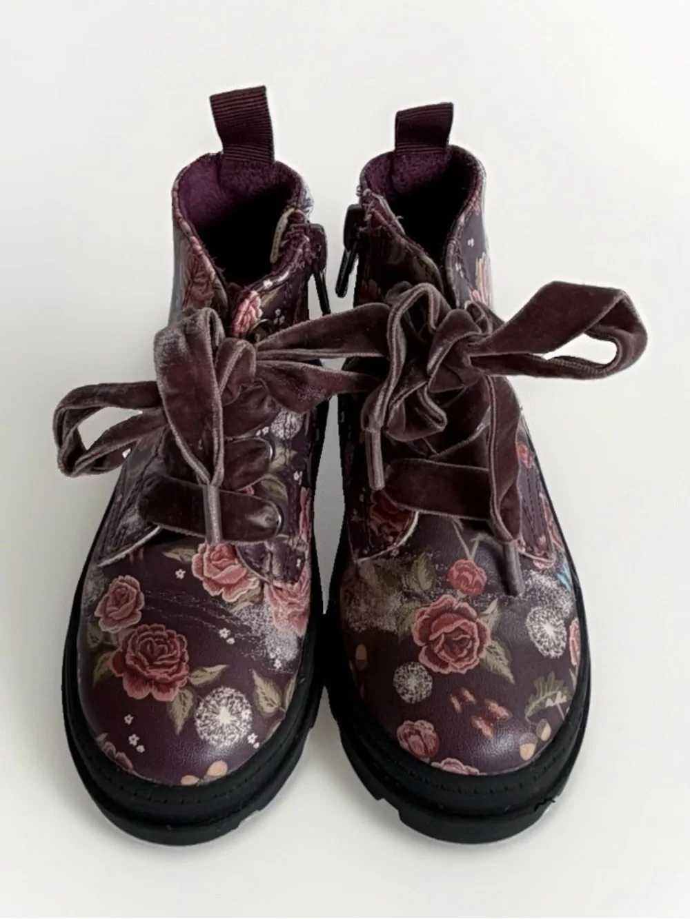 H&M Toddler Girls Floral Combat Boots Sz 6.5 Velvet Ribbon Laces Lug Sole Zipper